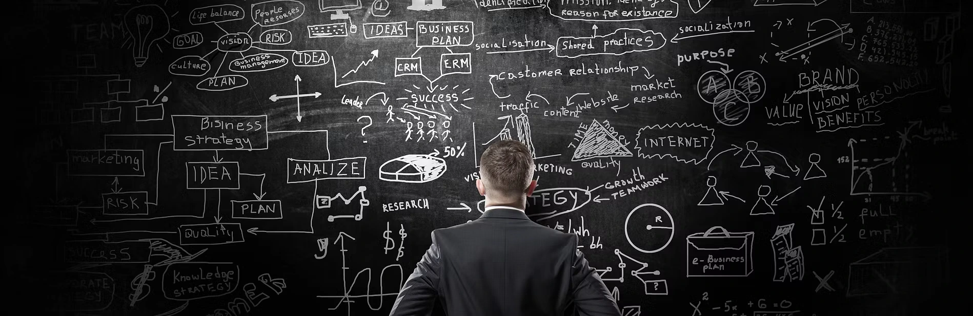 A business strategist mapping out a growth strategy on a chalkboard